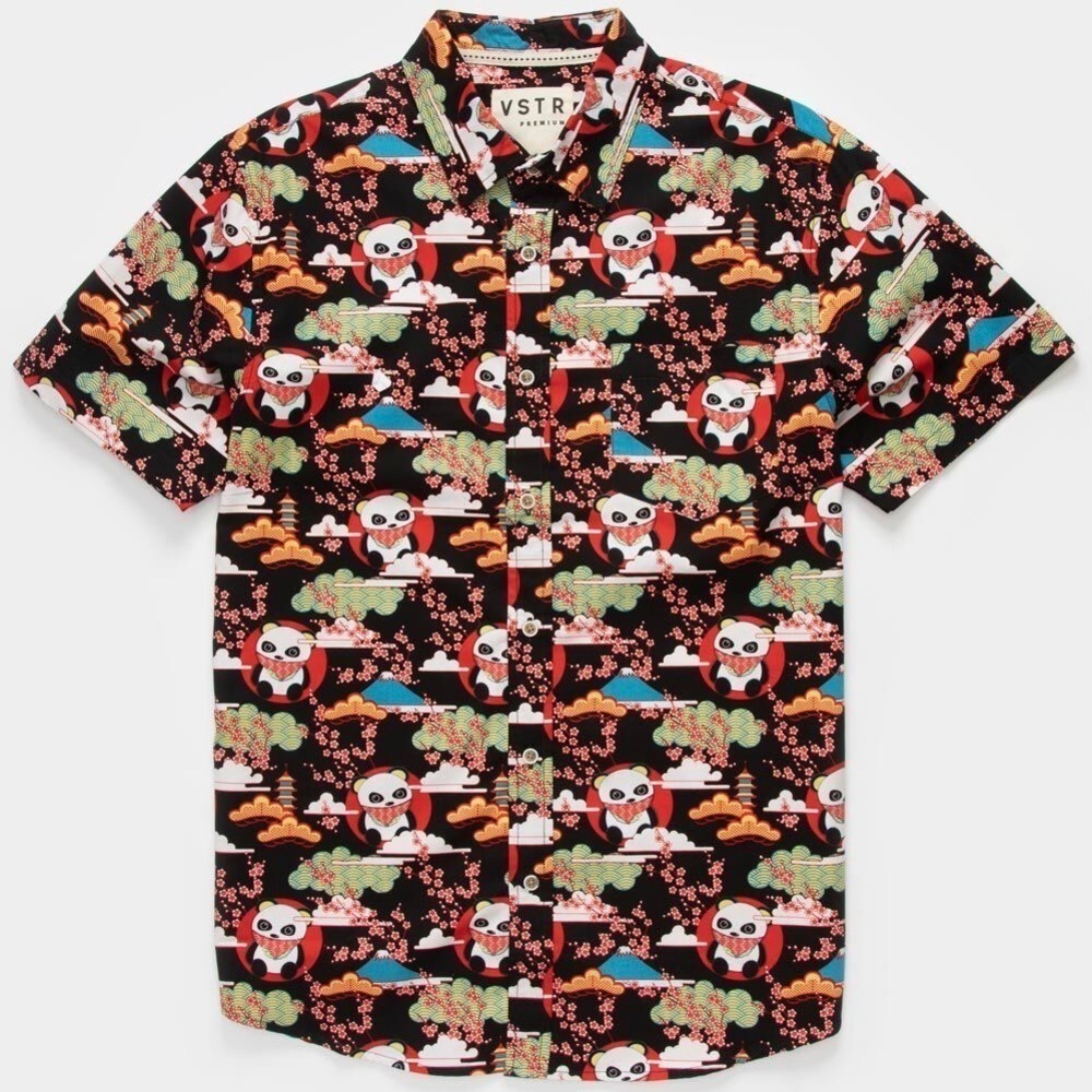 VSTR Pandas Button Front Mens Shirt Cherry Blossoms Mt Fuji Japan Size Med Black